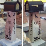 Triple sided natural rock mailbox post in concrete base